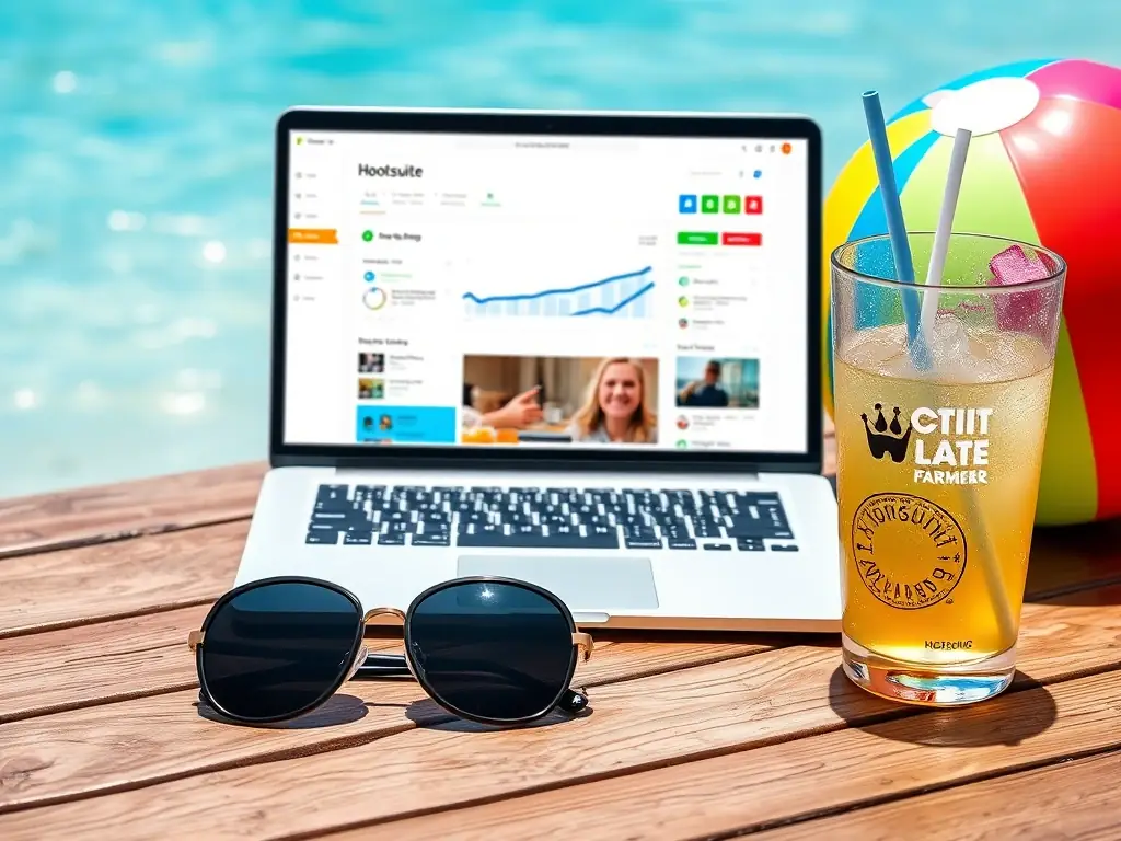 A vibrant image showcasing a laptop displaying the Hootsuite dashboard, surrounded by summer-themed elements like sunglasses, a beach ball, and a refreshing drink, symbolizing the ease of managing social media during the summer promotion.