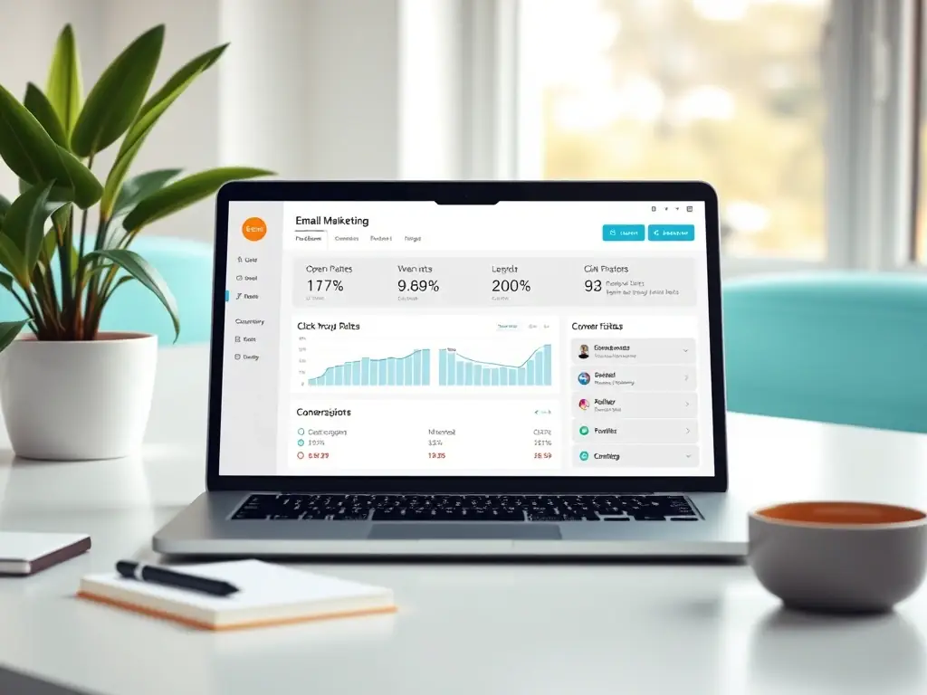 A visually appealing image of a laptop displaying the Mailchimp email campaign dashboard, with summer-themed decorations like flowers and a sun hat, emphasizing the ease of creating and managing email campaigns during the summer promotion.